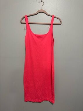 Zara Hot Neon Pink Slim Body-con Square Neck Tank Midi Dress